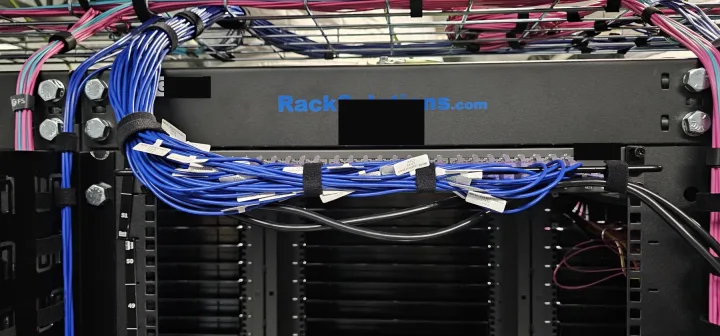 Before (Problem): Messy cable bundle obscures port visibility. Jumbled labels require manual sorting for identification, slowing down maintenance.
